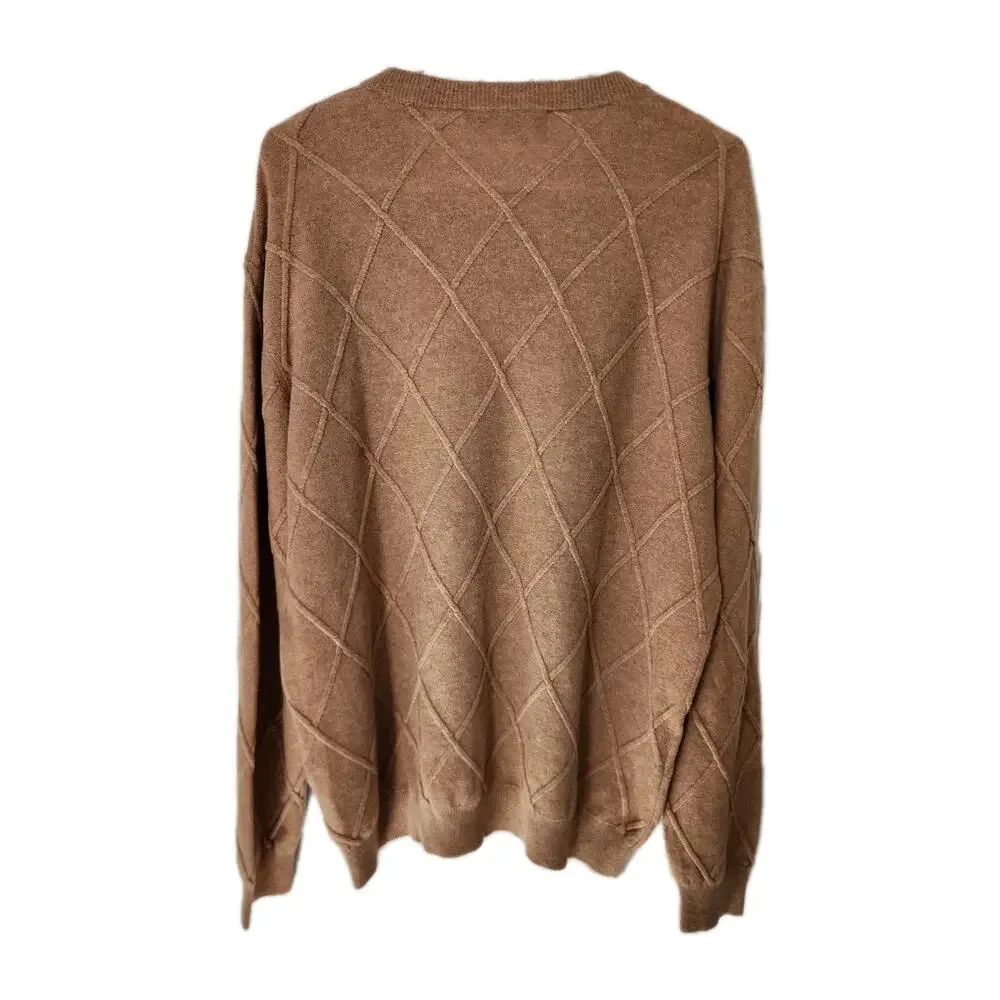 Bugatchi Diamond Stitch Cashmere Knit Tan V-neck Sweater Men's Size Large